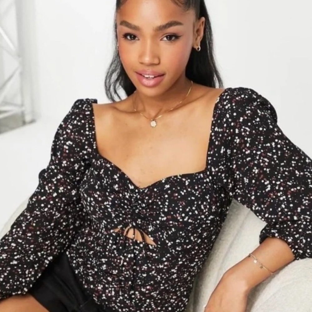 Abercrombie & Fitch Black, White & Brown Speckled Tie-Front Long Sleeve Crop Top